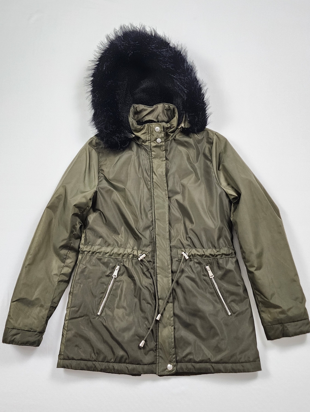 Ambiance Outerwear Olive Green Faux Fur Trim Hooded Jacket Size S Parka Outdoor